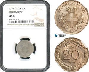 AH408, Italy, Vit. Emanuele III, 20 Centesimi 1918 R, Reeded Edge, NGC MS64