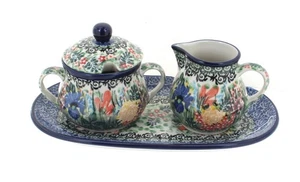 Blue Rose Polish Pottery Summer Blooms Small Cream & Sugar Set with Tray - Picture 1 of 1