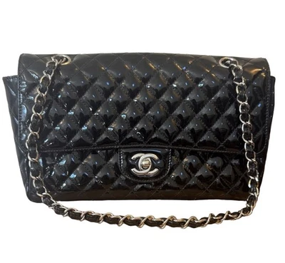 CHANEL Classic Silver Hardware Patent/Quilted Shoulder Bag Medium Black Leather - Image 1 of 4