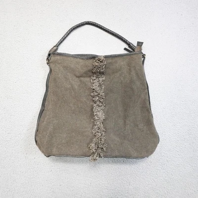 Free People Wilhelmina Canvas Leather Bucket Shoulder Bag Tote Charcoal Fringe - Image 1 of 4