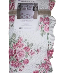 Shabby Chic, Rachel Ashwell Reversible Pink Floral QUEEN Quilt & Sham Set - Picture 1 of 9