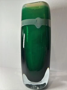 "Florero de vidrio artístico firmado Robert Doring verde y transparente vidrio de estudio pesado 1990 8,5""" - Imagen 1 de 9