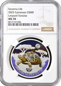 Cameroon 500 francs 2022, NGC MS70, "Savanna Life - Leopard Tortoise" silver - Picture 1 of 2