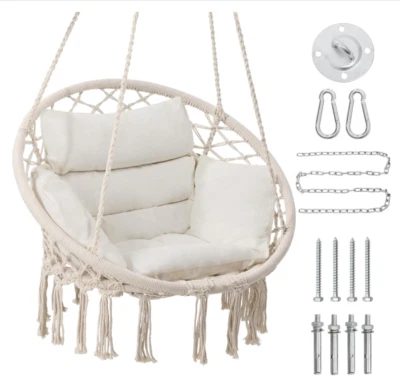 KROFEM Macrame Hanging Hammock Chair – With Cushion, Beige, for Porch or Bedroom
