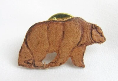 Artist Hand Crafted Embossed Leather Suede Brown Grizzly Bear Tie Tac - Image 1 of 4