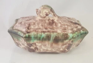 German Art Deco Lidded Pottery Bowl Green drip glaze - Picture 1 of 8