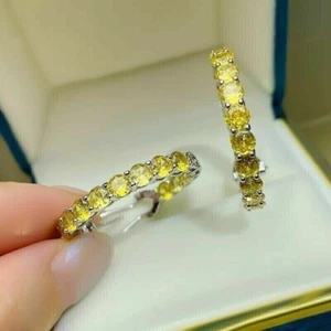 2.5 Ct Round Simulated Yellow Citrine 925 White Gold Plated Hoop Earrings - Picture 1 of 7