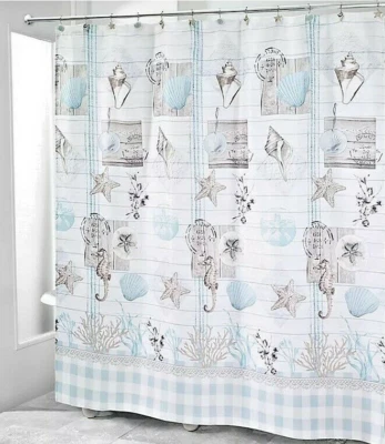 Cortina de ducha de tela Avanti Shell caballito de mar conchas casa de playa náutica verano Foto 1 de 4