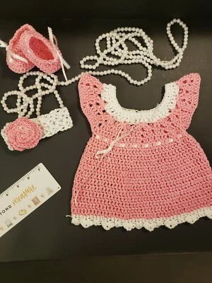 Preemie/ Newborn Hand Crochet Dress set. Pink/white.  - Image 1 of 4