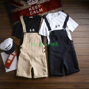 Herren Jungen Slim Freizeit Halblang Strampler Hose Overall Hosenträger Shorts Sommer - Bild 1 von 9