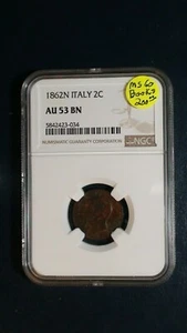 1862 N ITALY Two Centesimos NGC AU53 BN 2C Coin PRICED TO SELL RIGHT NOW! - Picture 1 of 4