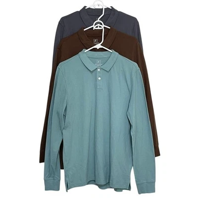 3 Bundle George Long Sleeve Polo Shirts Men M Teal Blue Brown Grey Cotton Preppy - Image 1 of 4