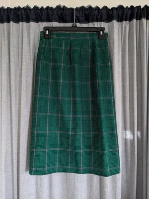Falda de Club Charter de Lana a Cuadros Verde De Colección Talla 8P Midi Línea A Preppy Dinero Antiguo Foto 1 de 4