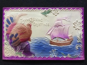 Schöne seltene Airbrush Thanksgiving antike Postkarte Türkei Mayflower Schiff - Bild 1 von 2