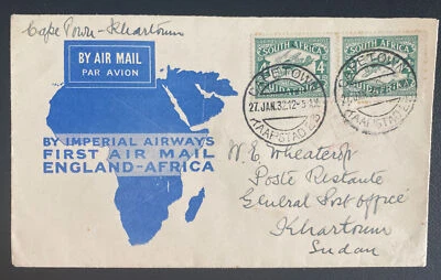 1932 Ciudad del Cabo Sudáfrica Primer Vuelo Correo Aéreo Cubierta FFC a Sudán Imperial Foto 1 de 2