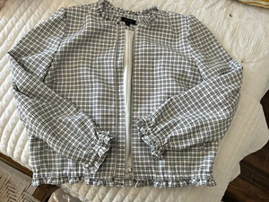 NWOT Ann Taylor Plaid Ruffle Zip Jacket Blazer White Multi Size XL - Picture 1 of 4