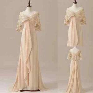 Champagne Wedding Dresses with Cape Formal V Neck Chiffon A Line Bridal Gowns - Picture 1 of 6