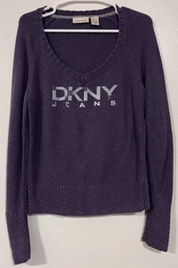 DKNY Jeans Purple V-Neck Knit Sweater Women's Size XL Petite Y2K Logo Fitted - Picture 1 of 11