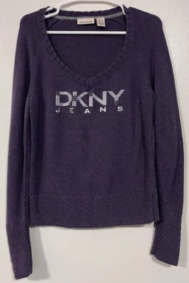 DKNY Jeans Purple V-Neck Knit Sweater Women's Size XL Petite Y2K Logo Fitted - Image 1 of 4