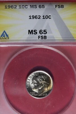 1962 - ANACS 10C MS65 FSB ROOSEVELT DIME #B48533 - Image 1 of 2