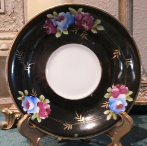 Saucer China Occupied Japan Black w Pink & Blue Flowers Gold Trim 6” - Picture 1 of 2