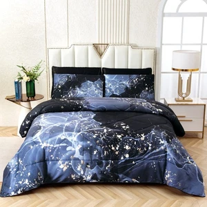 Black Queen Marble Comforter Sets, 5 Pieces (1 Quilt + 2 Pillowcases + 2 Silk... - Picture 1 of 9