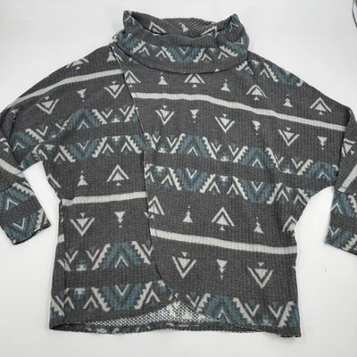 Suéter LuLaRoe Kristen M Gris Medio Azul Azteca Geométrico Capucha Cuello Foto 1 de 4