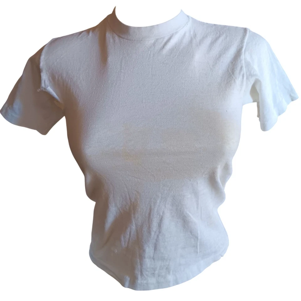 Camiseta vintage para mujer XS punto único lisa blanca cuello redondo destrozada años 70 Foto 1 de 4