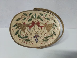 Brass Enameled Holiday Holly Berries Trumpets Bow Decorative Dish Handle Vtg 8" - Picture 1 of 10