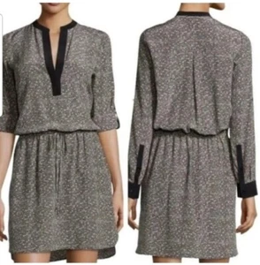 VINCE Drawstring 100% Silk Grid-Print Gray Dress Roll Tab Sleeves Size S - Picture 1 of 19