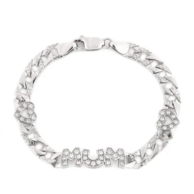 STERLING SILVER MUM BRACELET LADIES SOLID IDENTITY CURB NAME CHAIN ID CZ BOXED - Image 1 of 4