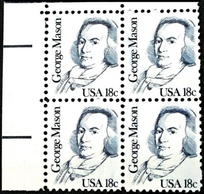 1981 GEORGE MASON MNH Block 4 x 18¢ STAMPS: #1858 Great Americans, Blind Imperfs - Image 1 of 2