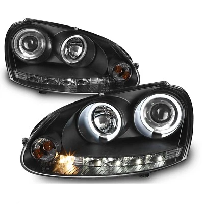大众 06-09 GTI /Jetta /兔子黑色双光环 LED 投影仪前灯 — 第 1/4 张图片