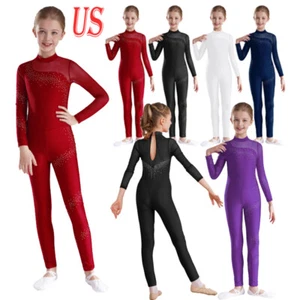 Kids Jumpsuit Sports Dancewear One Piece Bodysuit Ballet Romper Mesh Suit - Picture 1 of 49