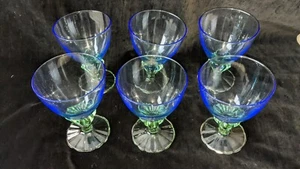 VINTAGE 80'S ITALIAN GLASS DESSERT GLASSES SET OF 6 VGC GREEN BLUE 14CM GOBLET - Picture 1 of 12