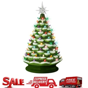 18in Ceramic Christmas Tree Pre-lit Hand-Painted Tabletop Frosted Holiday Decor - Picture 1 of 7
