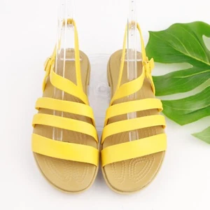 Crocs Womens Tulum Sandal Size 8 Canary Yellow Tan Strappy Fisherman Flat Shoe - Picture 1 of 16