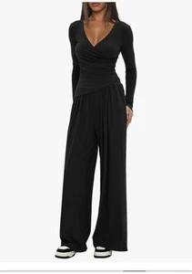 Women's 2 Piece Lounge Outfits Sets Warp V Neck Long Sleeve and Wide Leg Pants-M - Picture 1 of 3