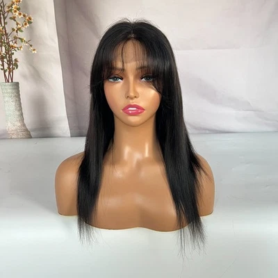 Peluca de encaje completa 16" 1# Recto Mediun marrón cabello humano para mujer Foto 1 de 4