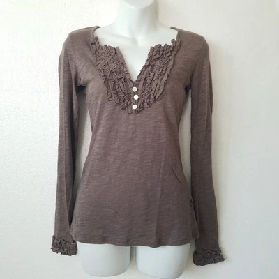 Vintage Inc Y2K Women’s S Henley Long Sleeve Top Ruffled Yoke Brown - Image 1 of 4