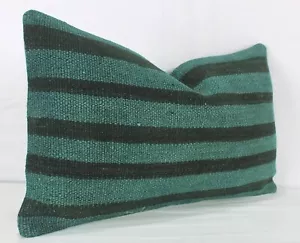 Decorative Turkish Turquoise Kilim Lumbar Pillow Cover 12x20 Black Kilim Pillow - Picture 1 of 9