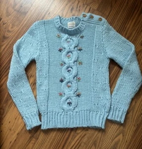 Vintage 60’s 70’s Exclusive Imports Hand Knit Blue Floral Sweater Sz SM Cottage - Picture 1 of 9