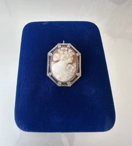 Antique Estate 14k WG Filigree Hand Carved Shell Cameo Brooch Pendant - Picture 1 of 9