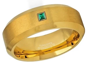 0.05ctw Princess Cut Emerald Ring, 8mm Yellow Gold IP Tungsten Wedding Band #210 - Picture 1 of 5