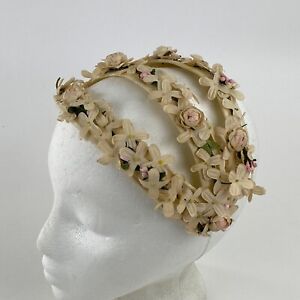 Vintage Fascinator Headpiece Hat 3 Band Ivory Pink Flowers Wedding Church Formal