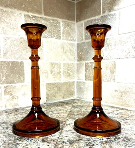 Antique Pair 1920s Cambridge Glass Amber Candlesticks 8 1/4" (20D) - Picture 1 of 8