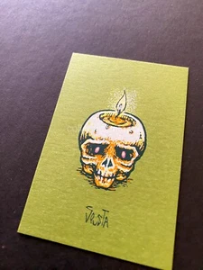 Marq Spusta Mini Micro Hot Head Skull Lime Green Shimmer Art Print 2 x 3" - Picture 1 of 4