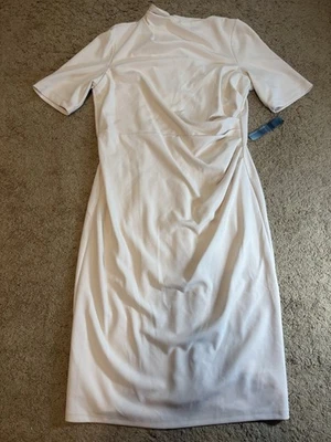 Maggy London Dress 16 Taupe Midi Side Ruched Short Sleeve Zippered Back Classy - Image 1 of 4