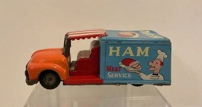 VINTAGE JAPAN TIN TOY TRUCK DELIVERY VAN HAM MEAT SERVICE VEHICLE 1940’S RARE 6” - Image 1 of 4