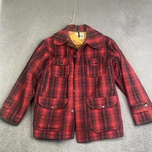 Vintage Woolrich Jacket Mens 44 Red Black Plaid Wool Coat Outdoor Hunting 80s - Picture 1 of 8